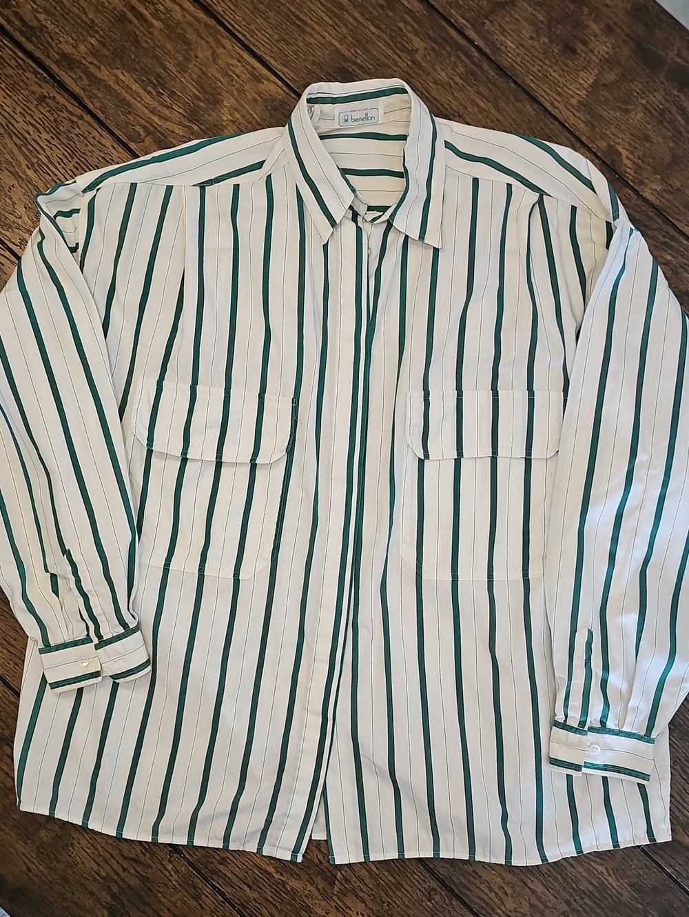 Vintage Benneton- Made in Italy-White Shirt with Green/Black Vertical Stripes
